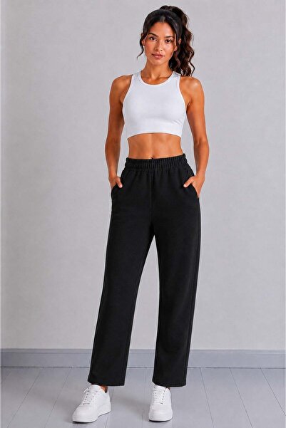 Sortie Women's High Waist Elastic Pocketed Straight Leg Cotton Sweatpants Black