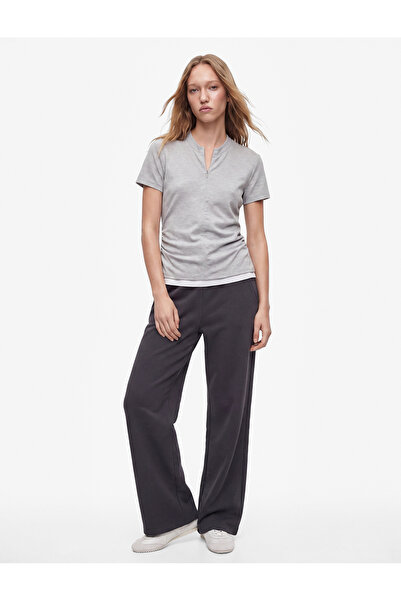Koton Crew Neck Short Sleeve Layered T-Shirt with Drawstring Detail and Zipper