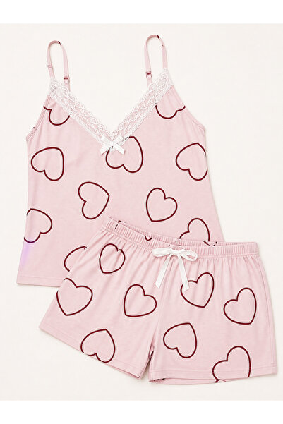 Bravie Kadın Büyük Beden İp Askılı Yakası Dantelli Kalpli Pembe Yazlık Pijama...