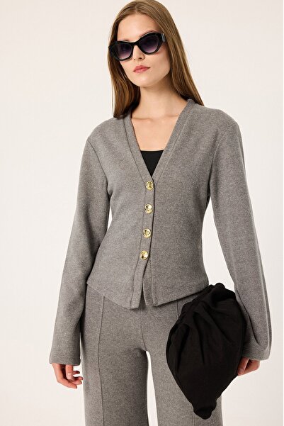Touché Privé Gold Buttoned V-Neck Tricot Cardigan
