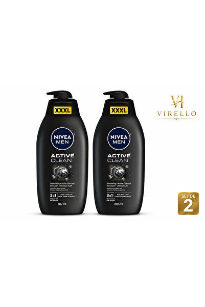NIVEA Set 2 Geluri de Duș MEN Active Clean 3 în 1 cu Cărbune Activ, 887 ml/buc