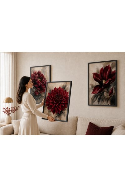 TekTablo Kırmızı Çiçekler 3 Parça Tablo Seti , Duvar Dekorasyonu