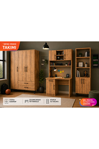 Adasem Mobilya Genç Odası Takımı, 3 Kapılı Dolap, Çalışma Masası, Kitaplık