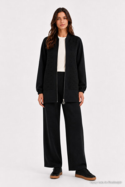 Zühre Waist Drawstring Zippered Jacket and Trousers Double Black Set 1683