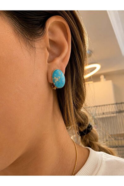 MARE BUTİK Turquoise Natural Stone Gold Clip Earrings