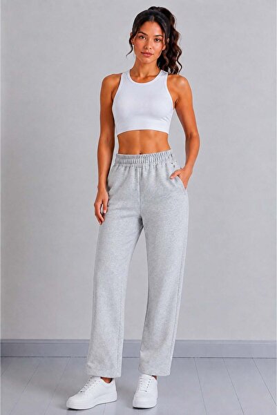 Sortie Women's High Waist Elastic Pocketed Straight Leg Cotton Sweatpants Gray