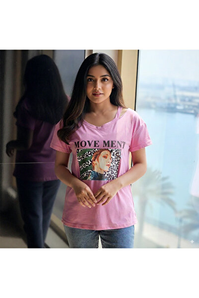 dorbe Women's Pink Graphic V-Neck T-Shirt