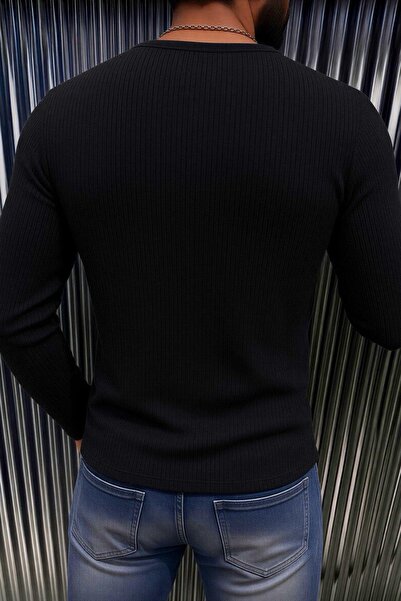 Oksit Fer Erkek Düğme ve Gizli Cep Görünümlü Slim Fit Henley Yaka Uzun Kollu T-shirt