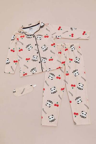 Fulla Moda Panda Printed Girls' 3-Piece Pajama Set with Sleeping Band