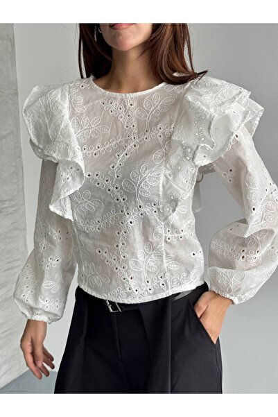Butik Beyza Women's Scallop Brode Embroidered Ruffle Detailed Long Balloon Sl...
