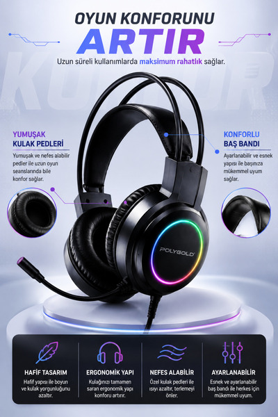 Omaze RGB LED Mikrofonlu Kafa Üstü Oyuncu Kulaklığı Kablolu Stereo Kulaklık Net ve Güçlü Ses Konforlu Tasarım