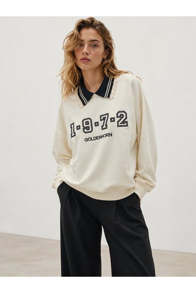 Kira By Simple Kadın Oversize Triko ve Nakış Detaylı Günlük Şık Bej Sweatshirt