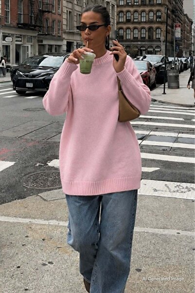 Madmext Pink Crew Neck Oversize Long Women's Knitwear Sweater Mg2890
