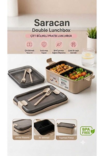 beslenme kabı çift bölmlmeli sızdırmaz kapaklı çatal kaşıklı lunchbox
