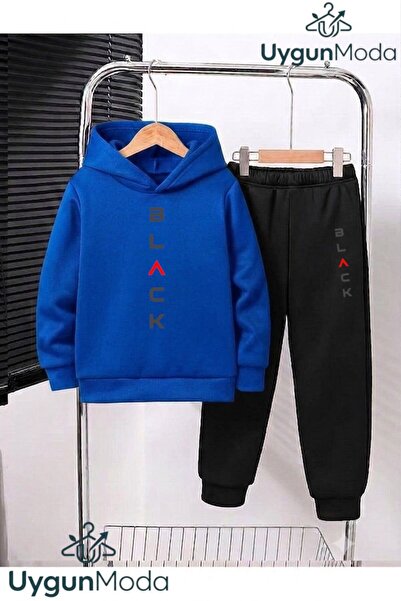 UygunModa Black Yazi Printed Hooded Thick Cotton Inside Padding Tracksuit wit...