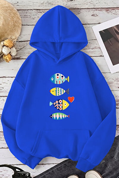 uyguntarz Unisex Fish Printed Oversize Hoodie Hooded Sweatshirt