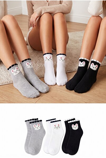 LYKOS Set of 3 Serrated Women's Socks with Cat Figures - Soft Cotton Short So...