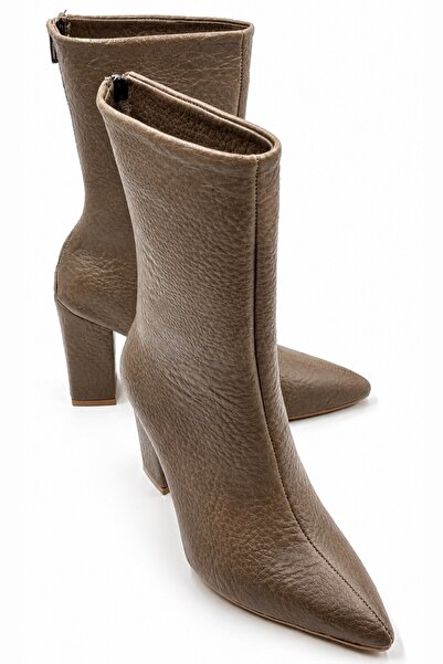 İX Fest Women's Special Textured Wrinkled Leather Pointed Toe Thick Heeled St...