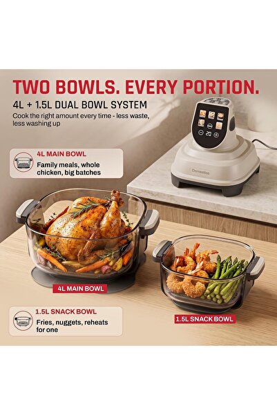 DOMESTICA Aerion Air Fryer Oven | Pure Glass Air Fryer with 4L + 1.5L Dual Bowls | 5-in-1 Air Fry, Beige