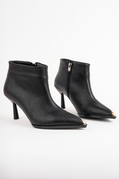 bakac store Women's Extra Black Leather Heeled Boots with Toe Pad Detail