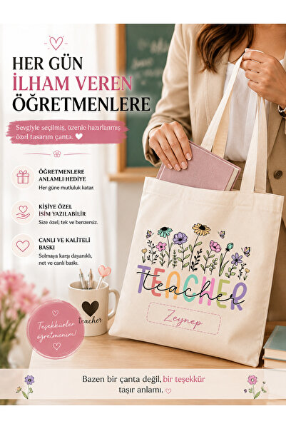 ElyNowa Kişiye Özel Öğretmen Bez Çanta – İsim Soyisim Baskılı Çiçekli Teacher...