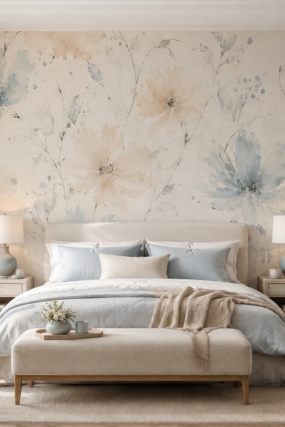 dreamwall İlk Eskiz-Soft Suluboya Çiçek Desenli Tek Parça Tekstil Duvar Kağıdı