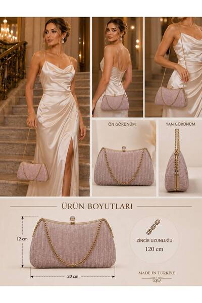 womenacs Rose Powder Color Striped Material Design Evening Dress Clutch Chain...