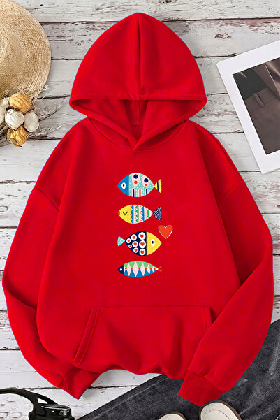 uyguntarz Unisex Fish Printed Oversize Hoodie Hooded Sweatshirt