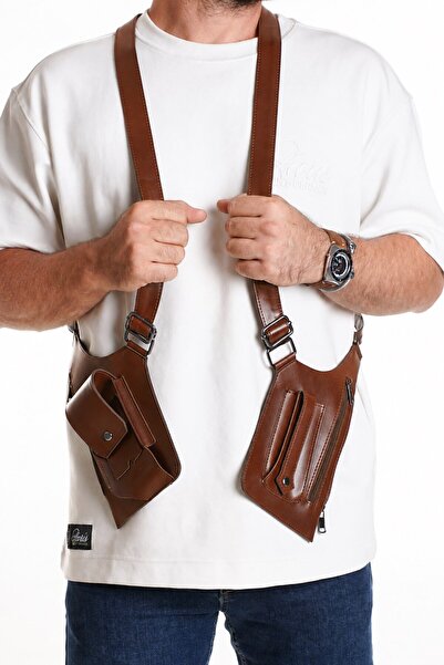Newish Polo Men's Black Vegan Leather Crossbody Multi-Pocket Harness Chest Bag