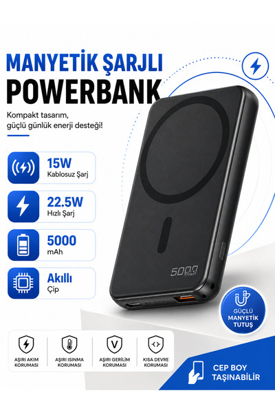 Moxti Manyetik Şarjlı Powerbank 5000 mAh 22.5W Hızlı Şarj 15W Kablosuz Şarj MagSafe Uyumlu Cep Boy Taşınabilir