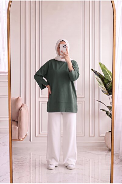MİHRA STORE Sırmahan Sleeve Cuffed Slit Tunic-Na912 Khaki