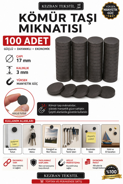 Kezban Tekstil Hobi ve Magnet Siyah (1 PAKET )100 adet 17x3 mm Mıknatıs