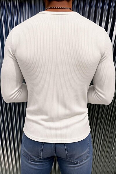 Oksit Fer Erkek Düğme ve Gizli Cep Görünümlü Slim Fit Henley Yaka Uzun Kollu T-shirt