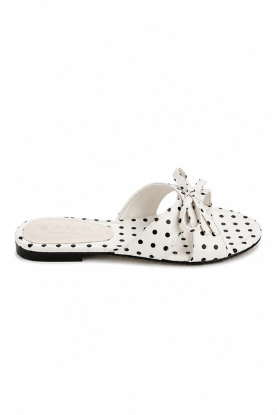 Sira Official Polina White Polka Dot Patterned Satin Slippers with Bow