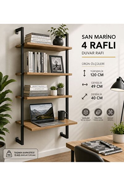 Sofmina San Marino 4 Raflı Metal Ahşap Duvar Rafı – Dekoratif Kitaplık & Orga...