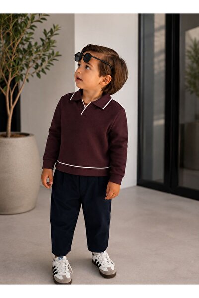 favorimkids Boy's Burgundy Polo Collar Sweatshirt Pants 2-Piece Set
