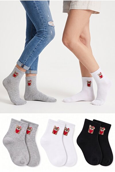 LYKOS Women's Sock Set with 3 Heart-Shaped Teddy Bear Figures - Soft Cotton S...