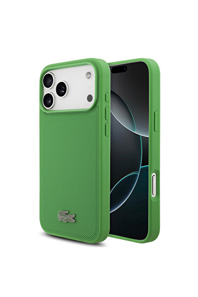 Lacoste iPhone 18 Pro Max Kılıf Lisanslı M-safe Uyumlu PU Pike Desenli Metal ...