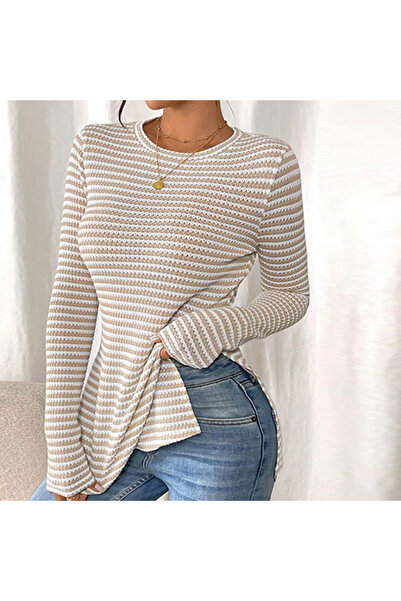 dorbe Women's Khaki Striped Long Sleeve T-Shirt