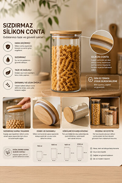 Porsima 12'li Bambu Ahşap Kapaklı Borosilikat Cam Kavanoz Seti – Erzak & Baharatlık Seti 2100 ml, 1650 ml, 1300 ml, 750 ml