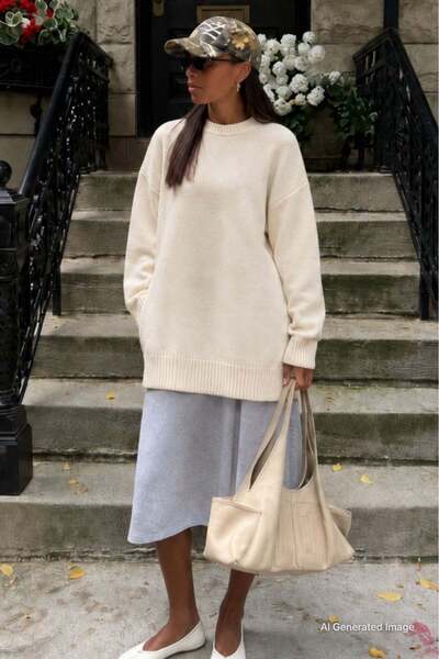 Madmext Ecru Crew Neck Oversize Long Women's Knitwear Sweater Mg2890