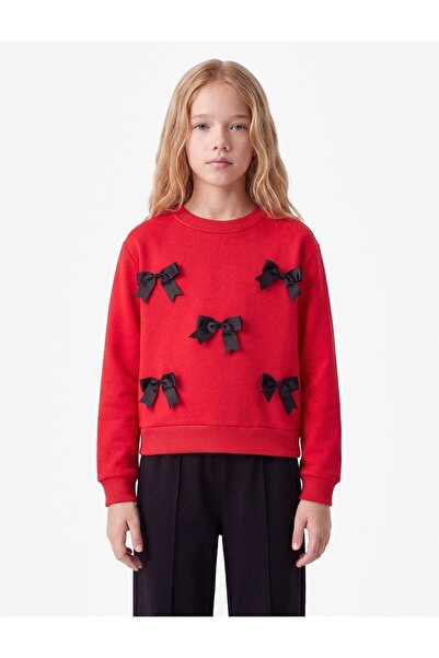 Koton Bow-Tie Long Sleeve Crew Neck Cotton Ribbed Sweatshirt