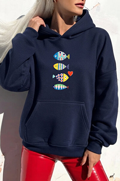 uyguntarz Unisex Fish Printed Oversize Hoodie Hooded Sweatshirt