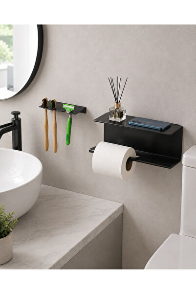 BERT Mat Siyah Banyo Seti 2’li Telefon Raflı Tuvalet Kağıtlığı + Diş Fırçalık...