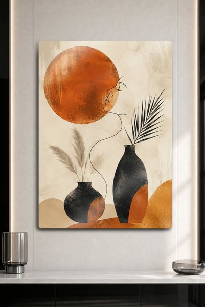 DekorHane Metal Print - Bohemian Abstract Female Face, Sun and Vase Pattern M...