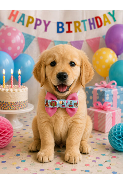 DOGİ&DOG Pink Color Birthday Themed Dog Bow Tie Cat Bow Tie (1-50kg)