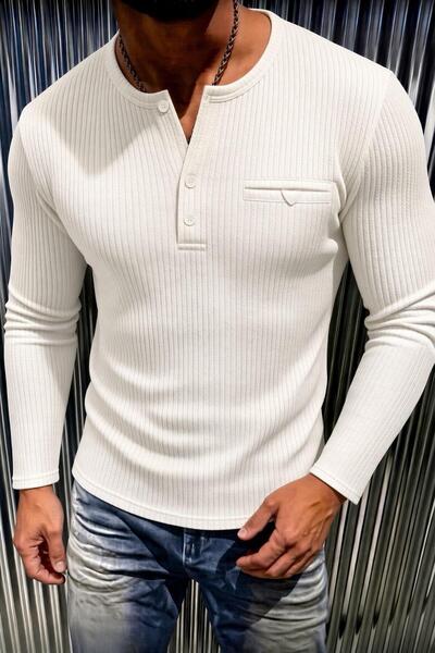 Oksit Fer Erkek Düğme ve Gizli Cep Görünümlü Slim Fit Henley Yaka Uzun Kollu ...