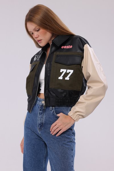 CHOS7N Women's Double-Capped Faux Leather Waist Elasticated Front Denim Gabardine Printed Coat Street Fashion Zipper Jacket