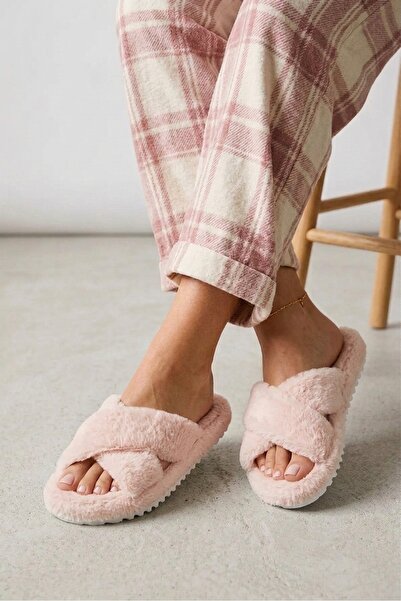 FootFrenzy Women's Plush House Slippers with Cross Straps, Soft Furry Dowry B...