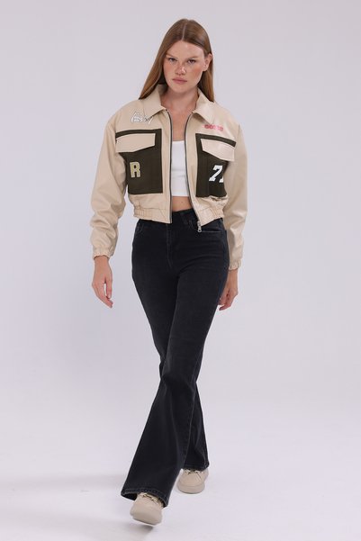 CHOS7N Women's Double-Capped Faux Leather Waist Elasticated Front Denim Gabardine Printed Coat Street Fashion Zipper Jacket